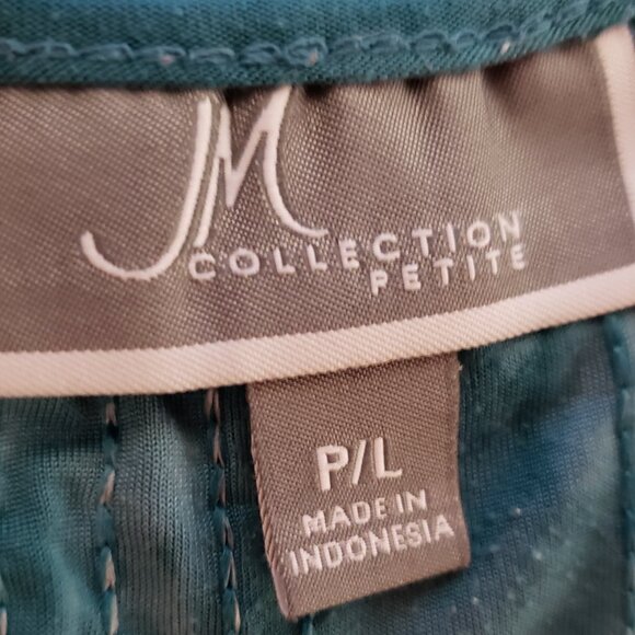 JM Collection PL LP Top Blouse Teal Blue Green Sequin Lace Trim 3/4 Sleeve Knit - Picture 5 of 6